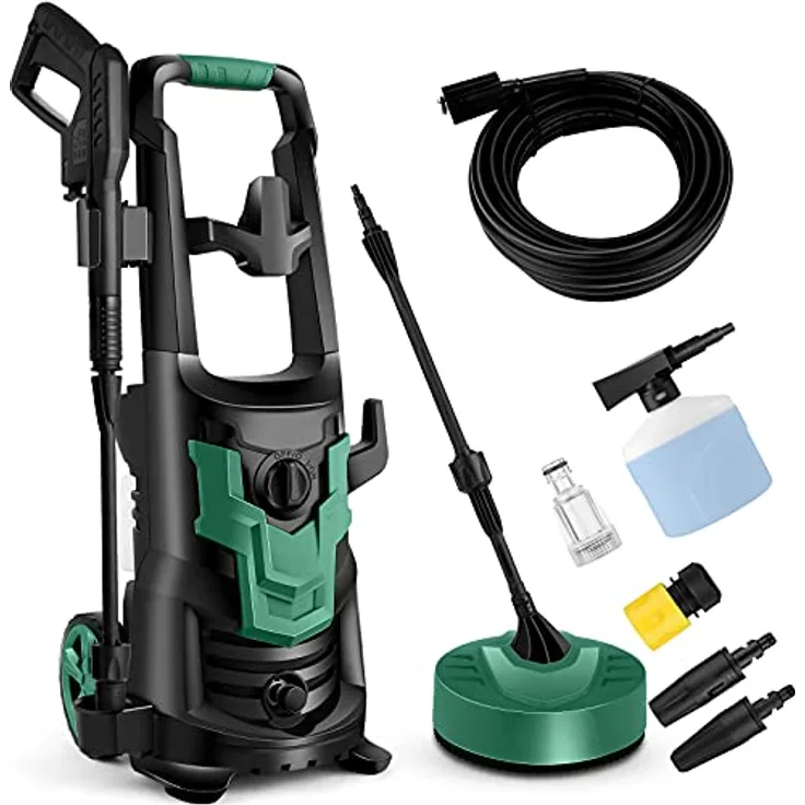 COOCHEER Hochdruckreiniger Druck:Max.150 bar,Fördermenge: 450 l/h,1700w，mit 3-in-1-Düse,5m Kabel,5m Schlauch,Wasserfilter,Hochdruckpistole für Autos/Zäune/Garten/Patios/Pool,Grün
