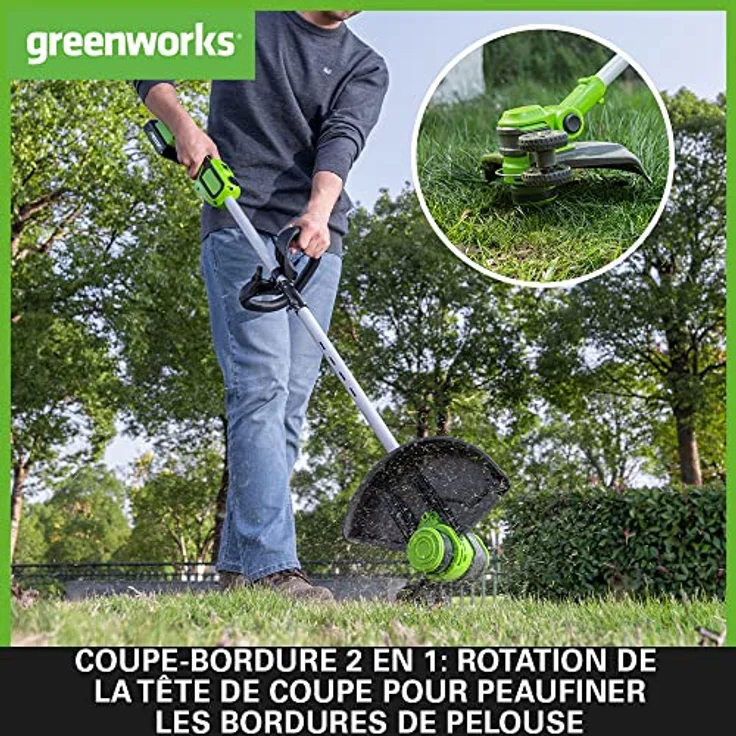Greenworks GD24LT33K4, 24V Akku Rasentrimmer & Kantenschneider mit Rad, 33cm Schnittbreite, automatischer Vorschub, 2mm Nylonfaden, inkl. 4Ah Akku & Ladegerät, 3 Jahre Garantie – Bild 4