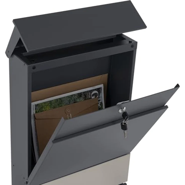 Zelsius Briefkasten mit Zeitungsfach | Postbox in Anthrazit (RAL7016) mit Edelstahl Zeitungsfach, Standbriefkasten mit 2 Schlüsseln und Montagematerial – Bild 4