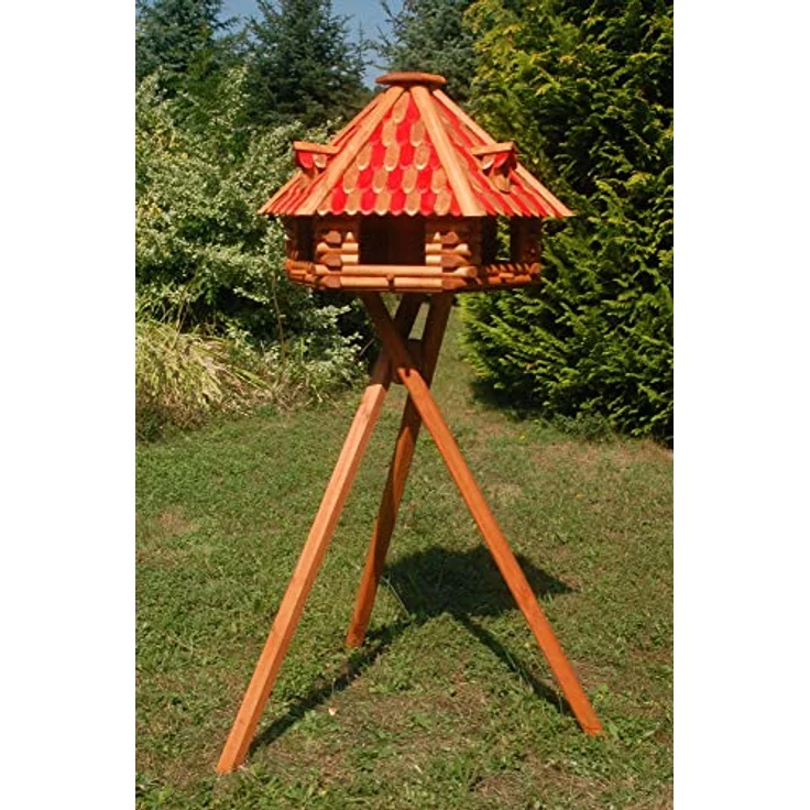 Deko-Shop-Hannusch XXL Luxus Vogelhaus mit Solarbeleuchtung absoluter Blickfang, Vogelfutterhaus aus Holz, V13 XXL mit Ständer, Farbe:Braun - Rot – Bild 1