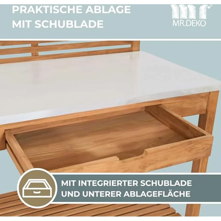 MR. DEKO Pflanztisch Hampton, Teakholz mit verzinkter Arbeitsplatte, wetterfest, Schublade, 115x66x124cm – Bild 3