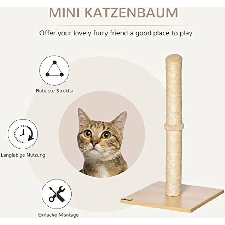 PawHut Kratzstamm für Katzen Kratzsäule aus Sisal Stabiler Kratzbaum Kratz Spielzeug Katze mit Ball 60 cm Spanplatte Sisal Beige+Eiche 34 x 34 x 60 cm – Bild 4