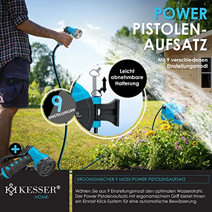 KESSER Schlauchtrommel Schlauchaufroller Wasser Multi-Handbrause 180° Schwenkbar Aufwickelstopper Wandhalterung Wand-Schlauchbox Wasserschlauchtrommel Gartenschlauch Blau, 30 Meter – Bild 6