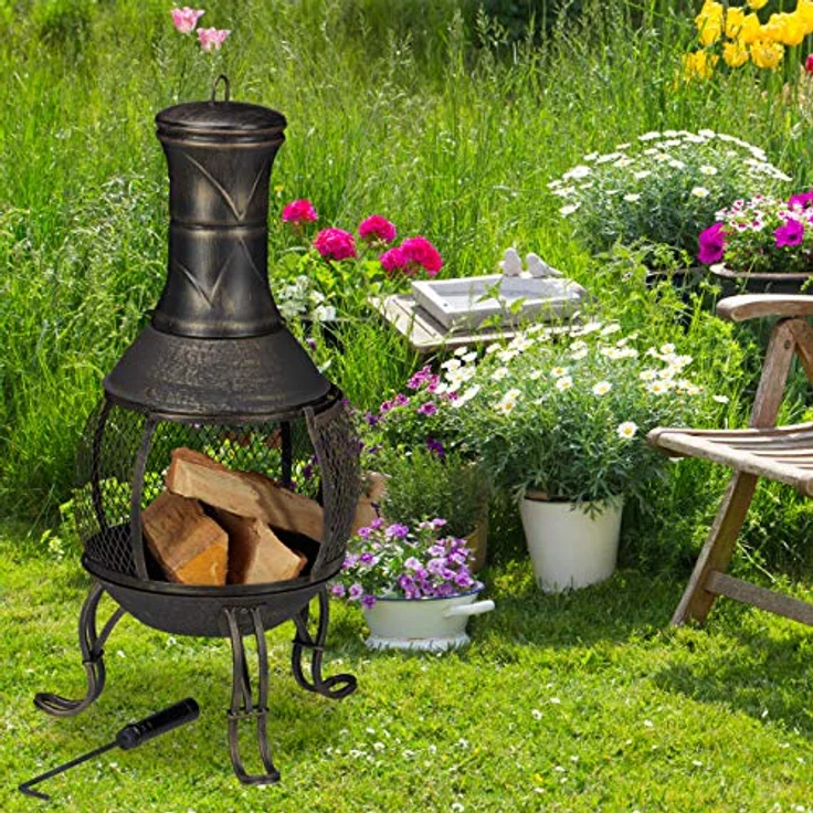 relaxdays Feuerschale Aztekenofen für Garten gold, Inka-Design, Funkenschutz, Terrassenkamin – Bild 2