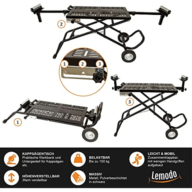 Lemodo mobile Werkbank, höhenverstellbarer Kappsägetisch, klappbar, schwarz, mit Transportrollen – Bild 5