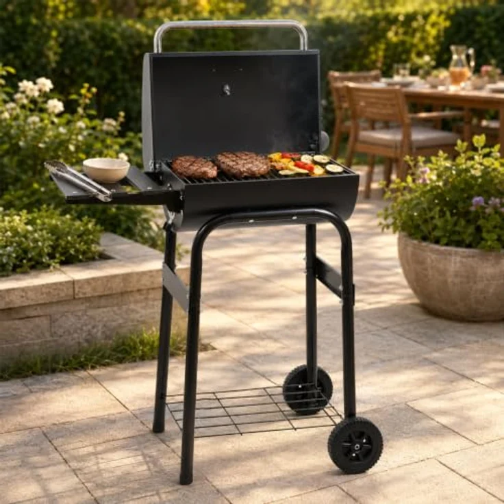 BBQ-Toro Holzkohlegrill mit Thermometer und Schornstein, 84 x 47 x 118 cm, BBQ Grillwagen mit Rädern und klappbarer Ablagefläche – Bild 2