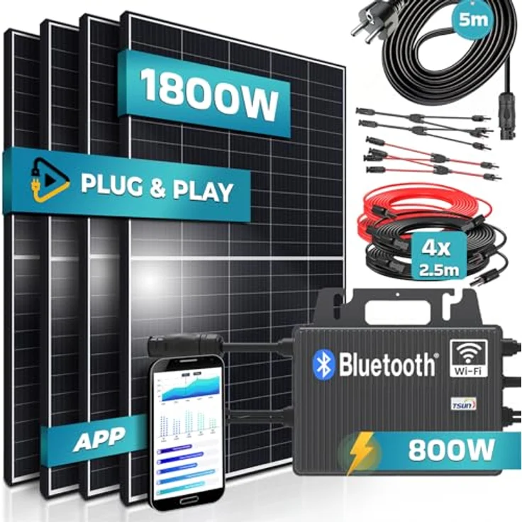 SUNNIVA® Balkonkraftwerk 1800W Komplettset - 4x 450W Solarmodule, Black Frame, TSUN 800W Wechselrichter, Bluetooth, WIFI, inkl. 5m Kabel – Bild 2