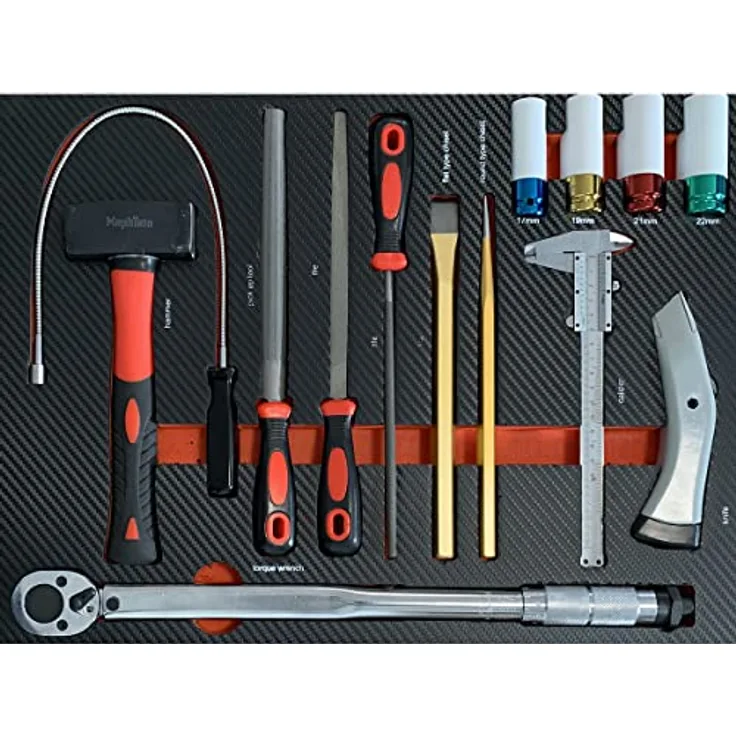 Mephisto Werkzeugeinlage Werkzeug Set Pro Line Werkstattwageneinlage mit Drehmomentschlüssel, Felgennüsse, magnetischem Greife Meisel und Metallfeilen-Set in Carbonoptik