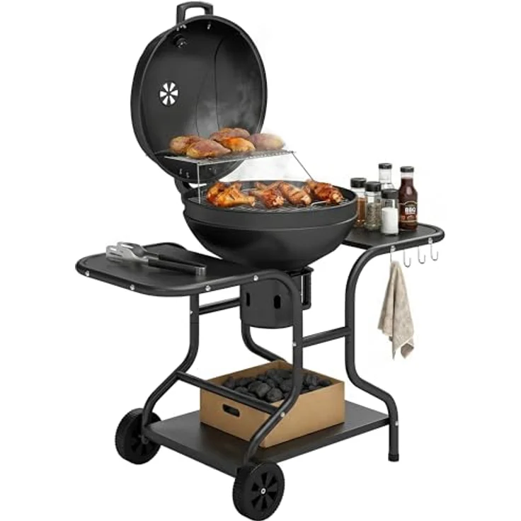 Outsunny Holzkohlegrill BBQ Smoker, 129 x 63,5 x 106,5 cm mit Seitentischen, Deckelthermometer und Rädern, Kugelgrill für Garten und Camping – Bild 1