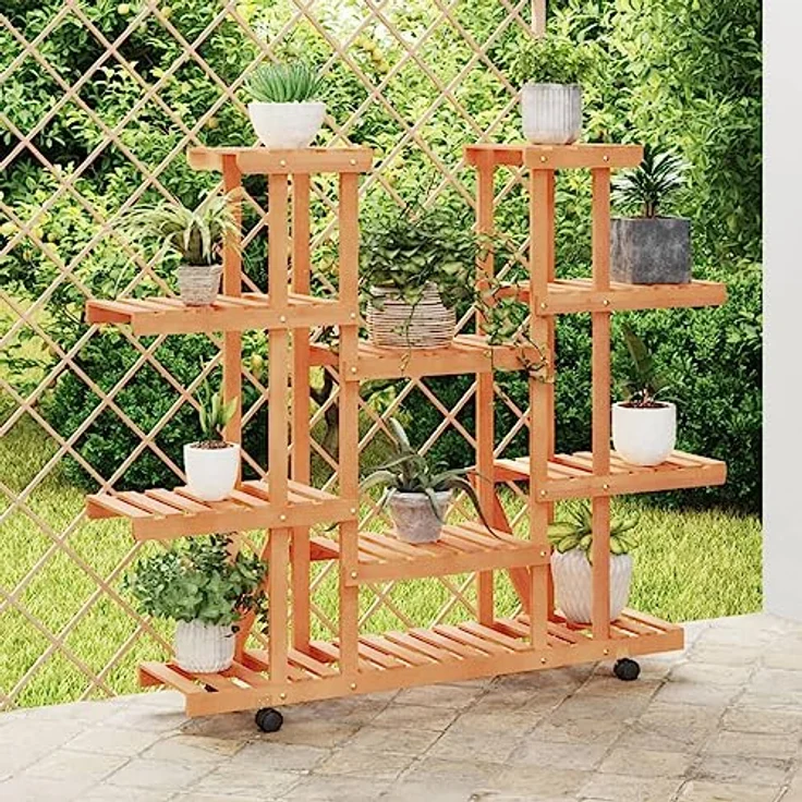 vidaXL Blumenständer, Pflanzständer mit Rollen 110x25x115 cm Massivholz Tanne, Retro-Design mit drehbaren Rollen – Bild 3
