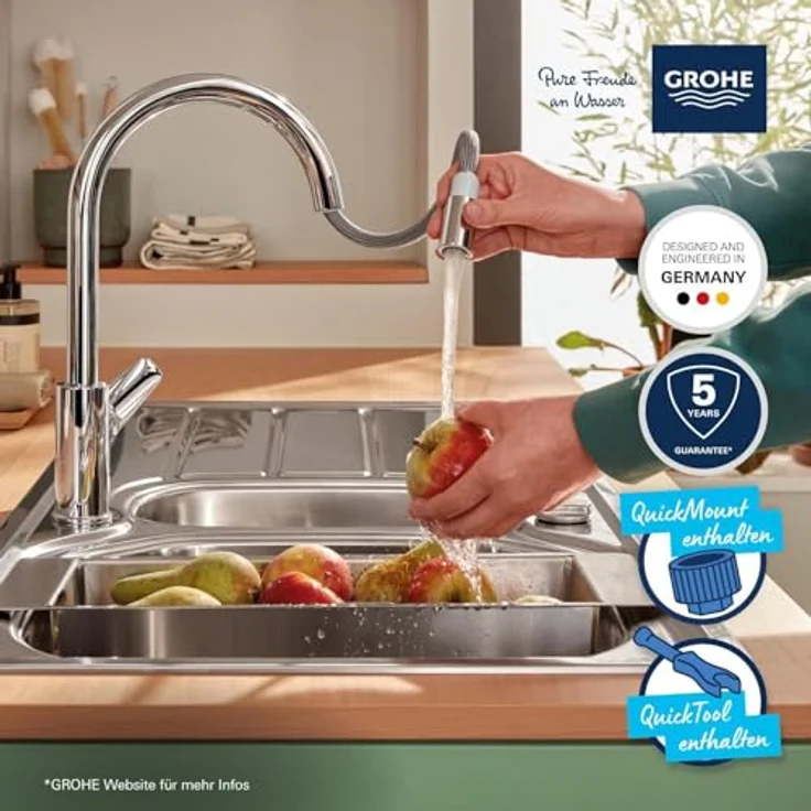 Grohe Start Edge, Einhand-Küchenarmatur Hochdruck, chrom, mit herausziehbarer Laminarbrause und schwenkbarem Auslauf – Bild 3