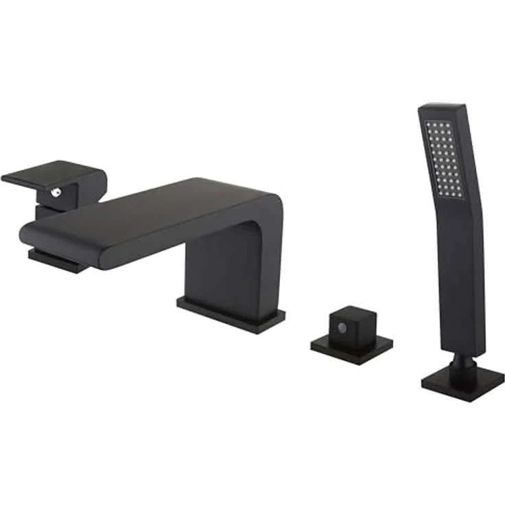 Bernstein Wannenrandarmatur 6080B, 4-Loch-Badewannenarmatur Schwarz mit Wasserfall-Design, Einhebelmischer aus massivem Messing, Fliesenrandmontage und Handbrause mit Anti-Kalk-Noppen, 1,5m Schlauch – Bild 1