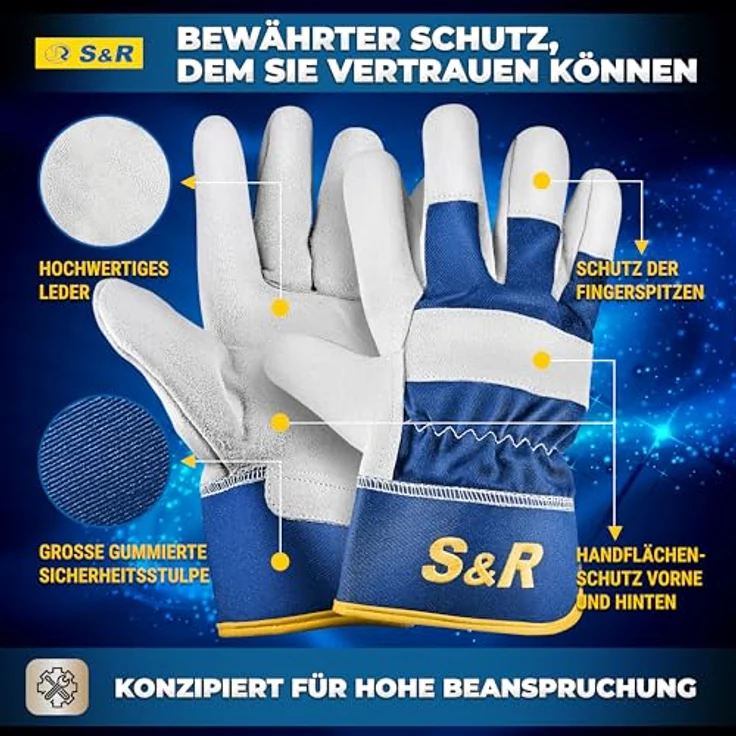 S&R Leder-Arbeitshandschuhe XL/10, 4 Paar, flexibles Echtleder mit weichem Innenfutter, für Bau-, Garten-, Metall- und Forstarbeiten – Bild 3