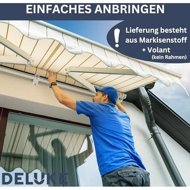 DELUKE® Markisenbespannung Markisenstoff Wasserabweisend Reißfest | Blau-Weiß, für 500x300 cm Rahmen | Markise mit Volant Sonnenschutz – Bild 4