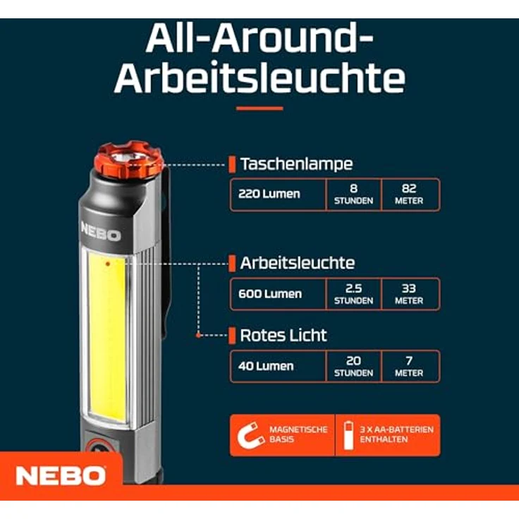 NEBO Big Larry 3, 600 Lumen LED-Taschenlampe mit COB-Arbeitslicht, dimmbar, Stahlgrau, Magnetfuß und Clip für freihändiges Leuchten – Bild 5