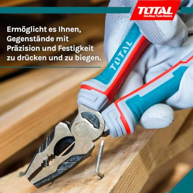 TOTAL Zangen-Set 3-teilig, 1x 180-mm Universalzange, 1x 160-mm Schneidzange, 1x 160-mm Flachzange, Chrom-Vanadium, Anti-Fall-Schutz, ergonomischer Griff – Bild 5