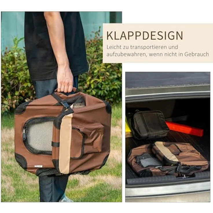 PawHut Tiertransportbox Hundebox, faltbar Hundetasche mit Kissen bis 4 kg, Braun – Bild 6