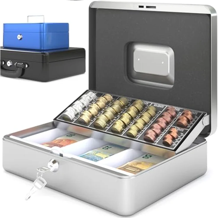 ACROPAQ Geldkassette abschließbar - Kasse mit Münzzählbrett, Groß 24 x 30 x 9 cm - Abschließbare Box, Geldkasse, Geldkoffer geeignet für Geldaufbewahrung - Silber - 10005S – Bild 2