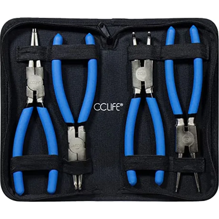 CCLIFE 4tlg Sprengringzangen Seegeringzange Set 225mm Zange Gerade & Gebogen für Sicherungsring Innen / Außen