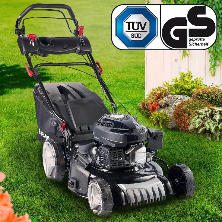 Brast Benzin Rasenmäher 18170 Speed mit Antrieb 3,5kW(4,76PS) 46cm Schnittbreite 4 Takt OHV Motor 30-80mm Schnitthöhe 60L Fangkorb Stahlgehäuse