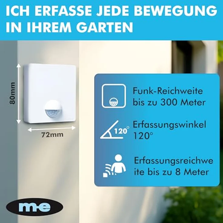 m-e Funk-Bewegungsmelder BELL-8021, Wetterbeständig für Außen- und Innenbereich, 300 m Reichweite, inkl. Batterieempfänger mit Klingel/Alarmton – Bild 2