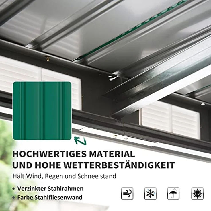 Outsunny Gerätehaus, Gartenhaus, Geräteschuppen mit Schiebetür, Lüftungsfenster, Pultdach, Outdoor, Stahl, Dunkelgrün, 280 x 130 x 172 cm – Bild 4