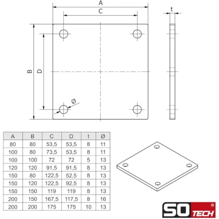 SOTECH Anschweißplatte 100 x 100 x 5 mm, Stahl Q235 schwarz unbehandelt, 4 Befestigungslöcher Ø13 mm – Bild 4