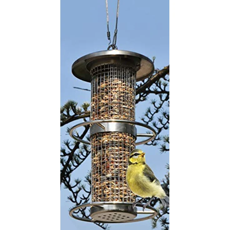 Spetebo Edelstahl Vogel Futterstation mit 2 Sitzringen - 27,5 x 14 cm - Vogel Futterhaus Futterstelle Futtersilo – Bild 2