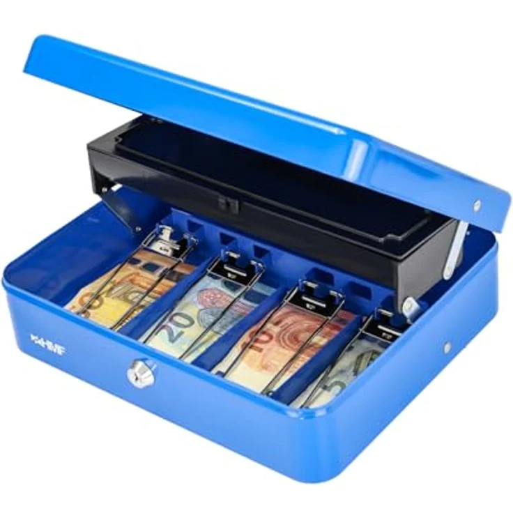 HMF 15230-05 Geldkassette abschließbar mit Münzeinsatz, 4 Scheinfächern und Tragegriff, Blau, 30 x 24 x 9 cm – Bild 4