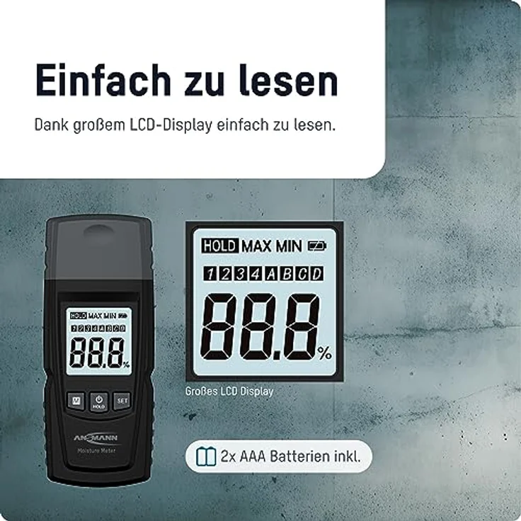 ANSMANN AG Feuchtigkeitsmesser Materialfeuchtemessgerät mit robusten Einstich-Stahlmessstiften – Bild 2