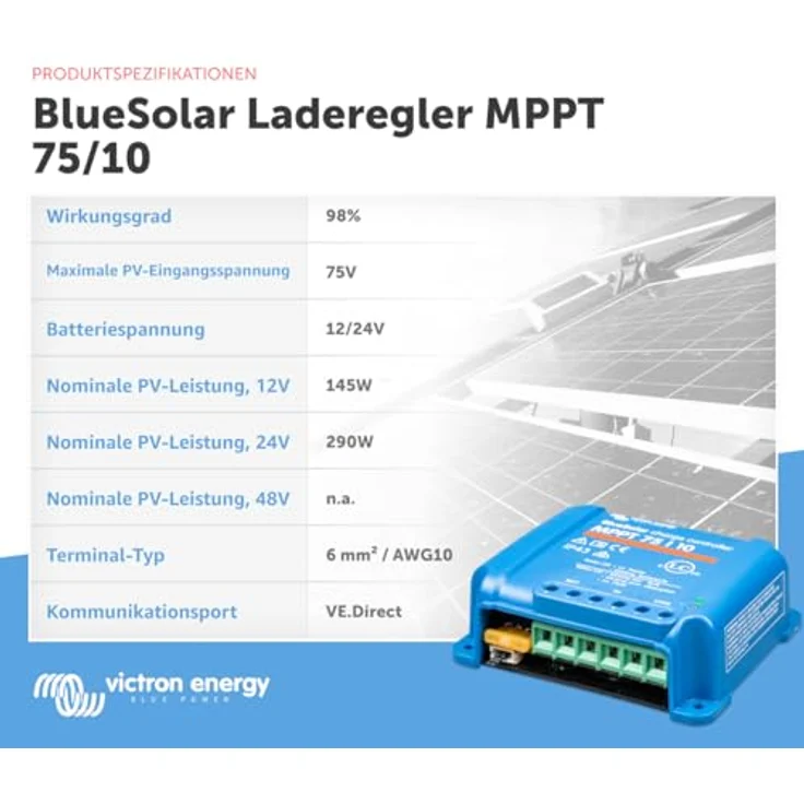 Victron Energy BlueSolar MPPT 75V 10 Amp 12/24-Volt Solar Laderegler, intelligentes MPPT-System mit Bluetooth-Funktion – Bild 3