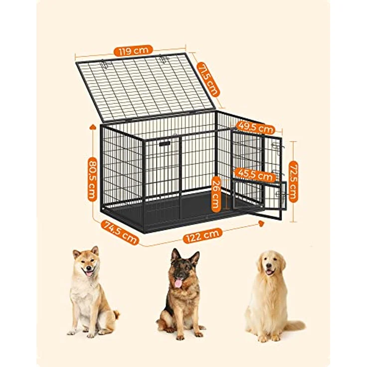 Feandrea Hundekäfig hochbelastbar, Gitterbox für mittelgroße, große Hunde, 122 x 75,5 x 80,5 cm, sicher, 2 abnehmbare Türen, Welpenauslauf, XXL, tintenschwarz – Bild 4