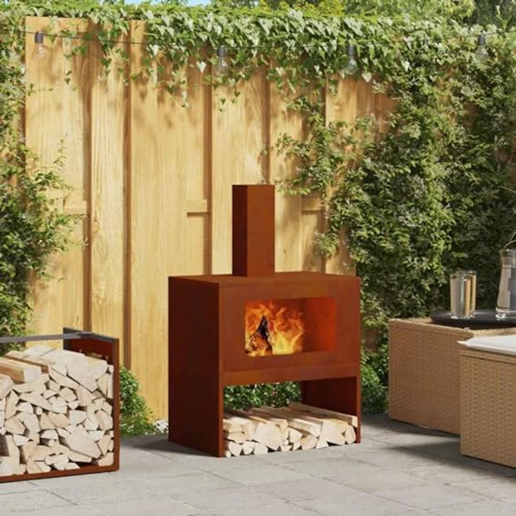 vidaXL Feuerplatz Braun 60 x 40 x 96 cm, wetterbeständige rechteckige Stahlfeuerstelle, einfache Montage, tragbare Heizung für den Garten – Bild 2