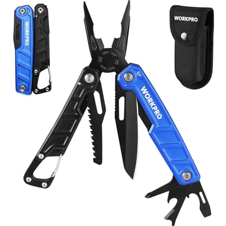 WORKPRO Multifunktionszange 11-in-1 Faltbar Multitool Edelstahl mit Karabiner, Spitzzange, Kabelschneider, Flaschenöffner, Schraubendreher für Outdoor, blau mit Tragtasche