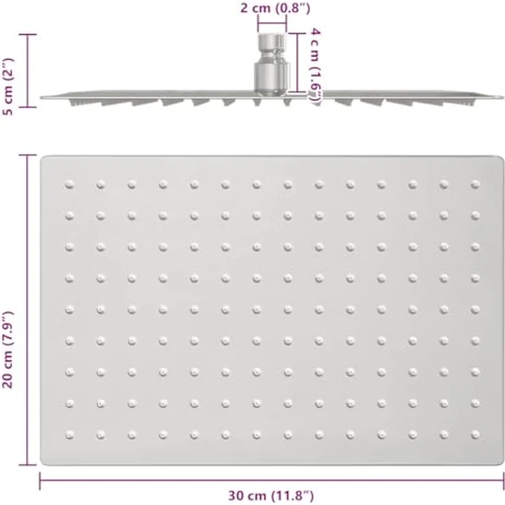 vidaXL Regenduschkopf Regenbrause Edelstahl 304 30x20 cm Rechteckig, Anti-Kalk-Düsen, 126 Düsen, Silikon, Silber – Bild 3