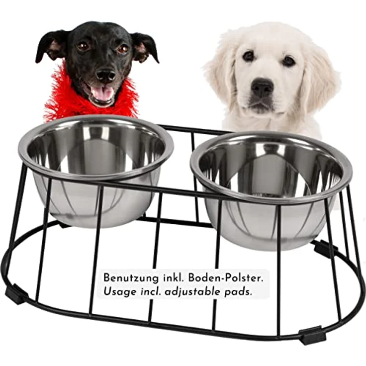 WONDERMAKE® Design Hundenapf erhöht für mittelgroße/große Hunde mit Ständer, Futternapf Hund Futterstation rutschfest aus Edelstahl, Fressnapf 2er Set 2 Näpfe doppelt, 47x26,5x17 cm, Silber Schwarz – Bild 3