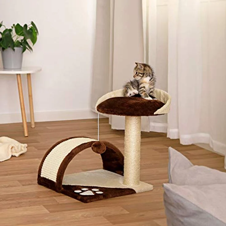 lionto Kratzbaum klein mit Plüschball & Kratzbogen, Höhe 43 cm, Sisalseil zur Krallenpflege, für kleine & große Katzen, braun/beige – Bild 3