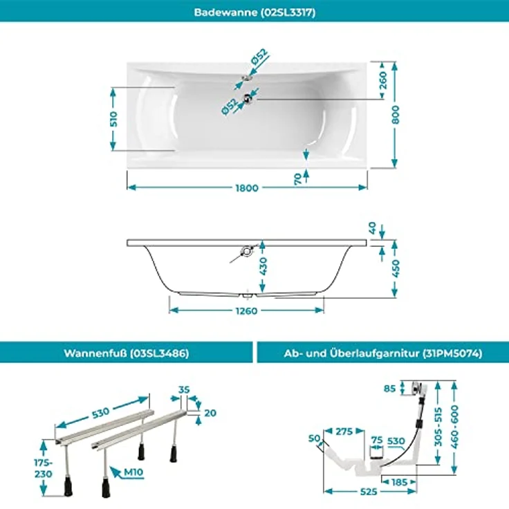 Calmwaters® Rechteck Badewannen-Set 180x80 cm mit Wannenfüßen & Ablaufgarnitur, Modern Curved, Duowanne für zwei, Weiß – Bild 5