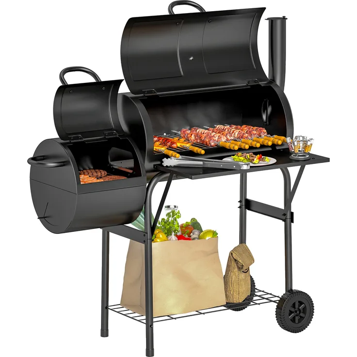 Outsunny Holzkohlegrill BBQ Smoker mit Deckel und Thermometer, fahrbarer Grillwagen in Schwarz, Garten 109x60x120 cm