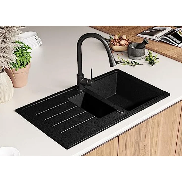 Primagran Kopenhagen Duo 90x50cm Anthrazit Granitspüle 1,5 Becken + Ablauf-Set - Reversible Einbauspüle, hitzebeständig, schmutzabweisend – Bild 2