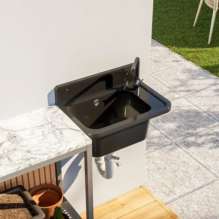 QLS Küchenspüle Vigo, Kunststoff-Spülbecken, 50 x 34 cm, Ausgussbecken für draußen Garten Werkstatt, Polypropylen, Weiß – Bild 4