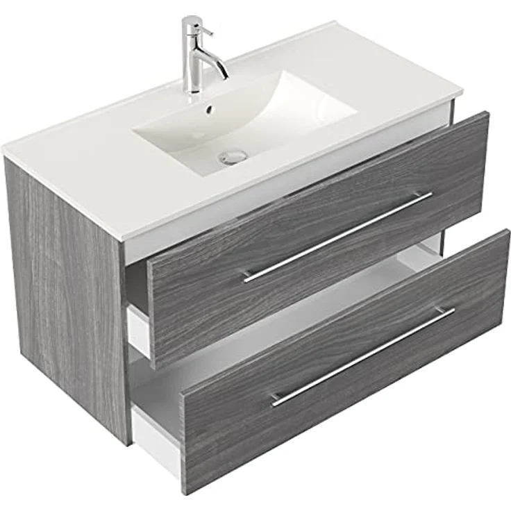 emotion | Waschbecken mit Unterschrank in Silber-Eiche | Made in Germany | B101 x H56 x T47 cm | Waschtischunterschrank mit zwei Schubladen | Keramik-Badmöbel für designvolle Badezimmer – Bild 2