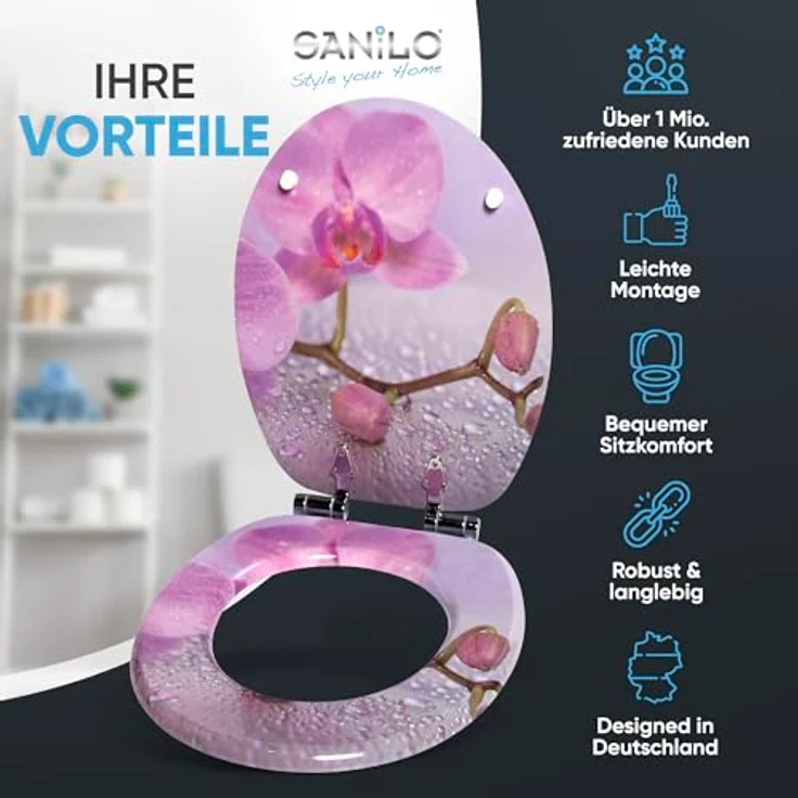 Sanilo WC Sitz Blooming, Hochwertiger Toilettendeckel aus Holz mit Absenkautomatik, Antibakterieller Oberfläche, Pflegeleicht, Universell passend für Hänge- und Steh WC-Becken – Bild 2