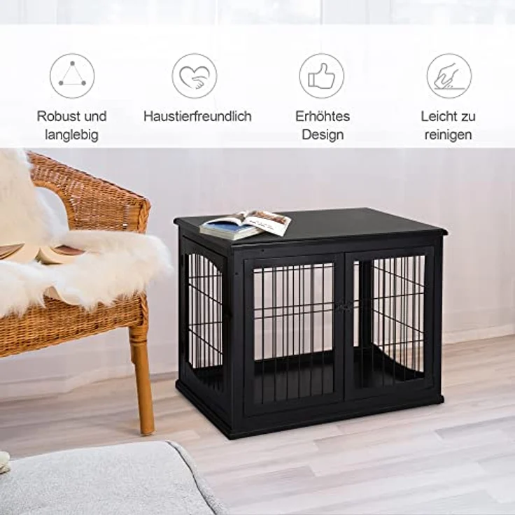 PawHut Hundehütte Hundehaus Transportbox Kleintierkäfig für Innen Hundebox Tierkäfig Haustier MDF Metall Schwarz 81 x 58,5 x 66 cm – Bild 4