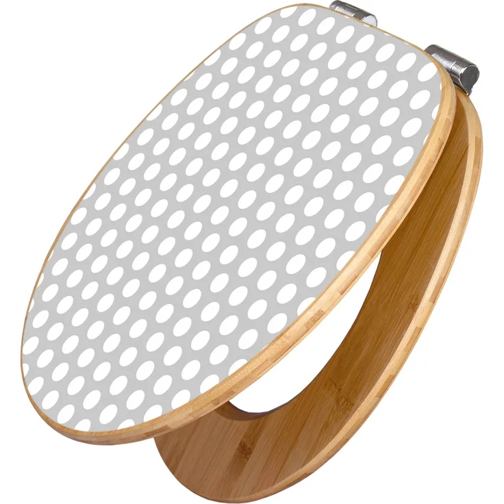 Banjado WC Sitz Bambus Holz, Toilettendeckel mit Absenkautomatik und Motiv Punkte Grau, Universalgröße 45,8x37,5cm
