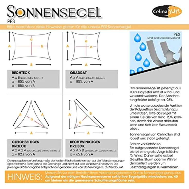 CelinaSun Sonnensegel inkl Befestigungsseile Premium PES Polyester wasserabweisend imprägniert Dreieck gleichseitig 3 x 3 x 3 m hell grau – Bild 5