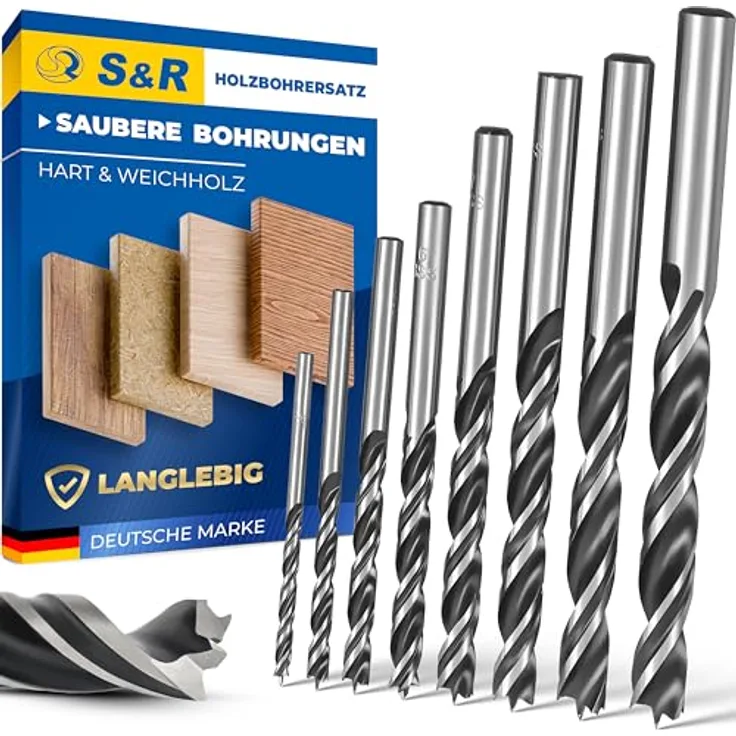 S&R Holzbohrer-Set, 8-tlg. Spiralbohrer-Satz (3-10mm) für Weichholz, Sperrholz, Gipskarton, MDF & Hartholz – mit Zentrierspitze und Förderspirale