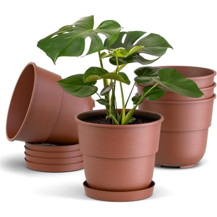 Plastard Blumentöpfe 5er Set, 16 cm Durchmesser, witterungsbeständiger Kunststoff-Pflanzkübel in Terrakotta mit Untersetzer und Drainagelöchern – Bild 1