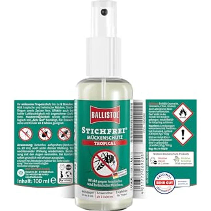 Ballistol Stichfrei Tropical, Insektenschutz-Spray mit 20% Icaridin und 5% Citrepel, 8 Stunden Schutz gegen Mücken und Zecken – Bild 2