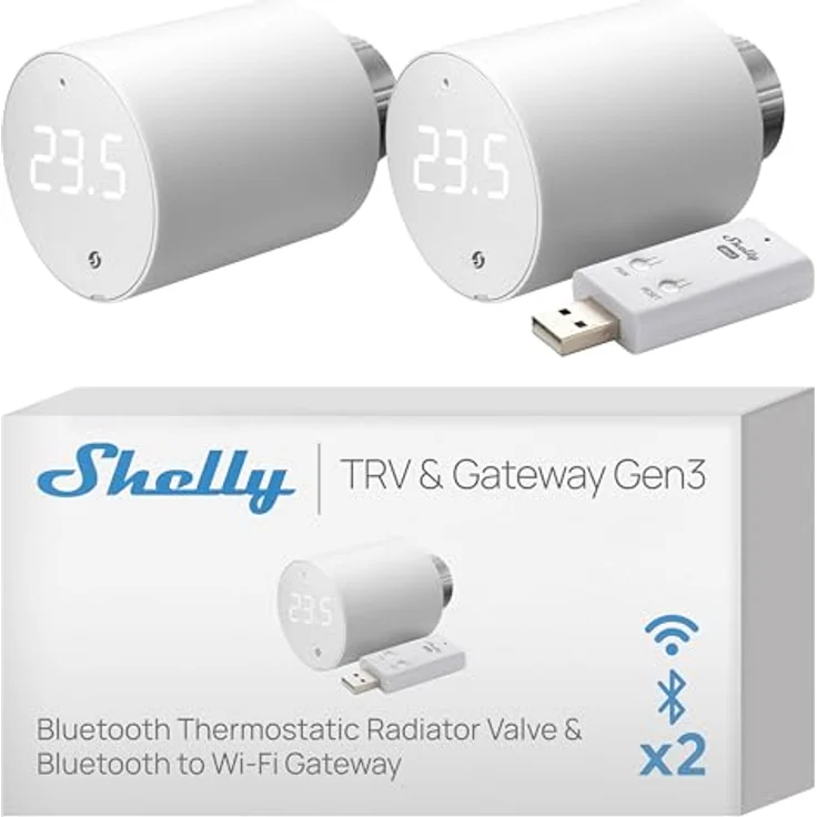 Shelly Blu TRV & Blu Gateway Gen3, Bluetooth & Zigbee Smart Thermostatventil mit präziser Temperaturregelung, Boost-Modus und Sprachsteuerung für Alexa & Google Home (2 Stück) – Bild 1